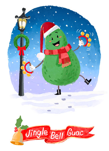 Jingle Bell Guac Funny Christmas Card Funny A funny Christmas card of an avocado shaking jingle bells and dancing around while wearing a scarf and a Santa hat in the snow. | merry Christmas avocado jingle bells guac guacamole Santa hat snow scarf night stars lamp wreath  Avo a very Merry Christmas